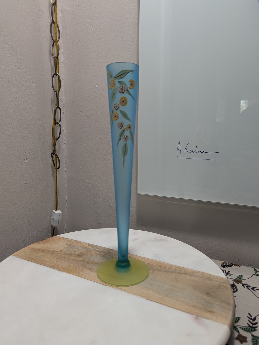Vintage Tiffin Blue Hand Painted W/ Canary Uranium Foot Satin Glass 10" Bud Vase